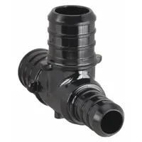 This polymer barbed tee fitting is designed for use in PEX tubing systems. It features three barbed ends with a 3/4 inch ID and two 1/2 inch ID connections, and is installed using a crimp ring and tool. Suitable for branching lines in plumbing and hydronic heating applications