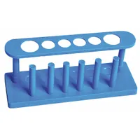 This benchtop test tube rack is made of white polyethylene and holds up to six tubes. It is used for organizing and storing test tubes in laboratory settings, providing a stable and corrosion-resistant platform for sample handling and benchtop workflows