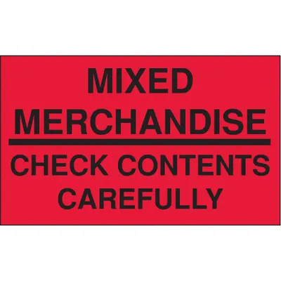 TAPECASE Instructional Handling Label: Mixed Merch., Check Contents, 3 in x 5 in - Shipping & Receiving Message Labels