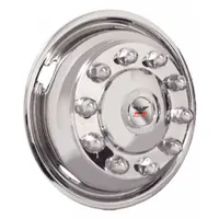 Stainless steel hub cap designed for 19.5-inch wheel diameters with 10 lugs. Used in fleet and vehicle maintenance for covering and protecting wheel hubs on trucks and trailers