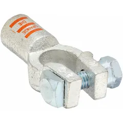 Straight alignment battery terminal for 2/0 gauge cable. Crimp connection type with copper contact material. Orange color coding indicates negative polarity. Used in battery cable assemblies for heavy equipment and industrial power systems.