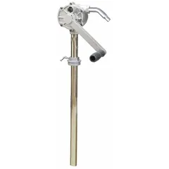 This rotary-action fuel transfer pump is designed for manual dispensing of fuels such as gasoline or diesel from drums or tanks. It delivers a maximum flow rate of 7 oz per stroke and features an integrated spout for controlled pouring. Suitable for use in workshops, farms, and industrial settings.