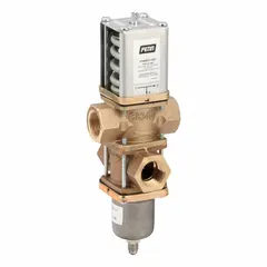 This three-way pressure-actuated water regulating valve modulates water flow to maintain stable condensing pressure in HVAC and refrigeration systems. Constructed with a brass body, it has a maximum flow capacity of 24 gpm and an adjustable pressure range of 200 psi to 400 psi. Designed for use with R-410A refrigerant.
