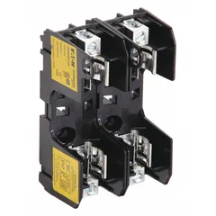 Two-pole open block design fuse block rated 250 V AC with box lug terminals. Non-indicating type for UL Class H and K fuses. Used in industrial control panels, distribution boards, and motor circuits to safely mount and connect fuses.
