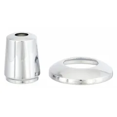 Brass escutcheon with chrome finish for covering faucet mounting holes. Overall width 2-1/4 inches. Compatible with SPEAKMAN Commander Series faucets. Used in commercial or institutional washroom installations to provide a finished appearance around the faucet base.