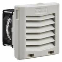 Square axial fan with plastic housing and IP54 rating for use in wet or dusty environments. Includes mounting hardware. Measures 4 7/16 inches in height and 3 5/8 inches in depth. Terminals for electrical connection