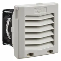Square axial fan with plastic housing and IP54 rating for use in wet or dusty environments. Includes mounting hardware. Measures 4 7/16 inches in height and 3 5/8 inches in depth. Terminals for electrical connection.