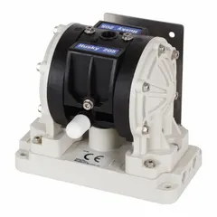 This air-operated double-diaphragm pump features a PVDF housing and seat with PTFE check valves, providing resistance to corrosive fluids. With 1/4 in NPT connections and a flow capacity of 5 gpm, it is suited for chemical transfer, plating, and wastewater treatment applications.