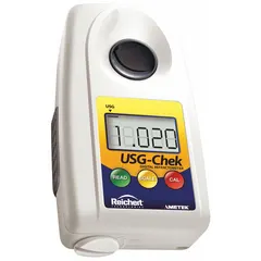 This digital handheld refractometer automatically measures specific gravity in urine samples. It covers a refractive index range of 1 RI to 1.04 RI with an accuracy of +/-0.005 SG (Urine) and a resolution of 0.005 SG (Urine). Suitable for clinical laboratories and medical facilities performing urinalysis.