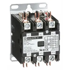 Three-pole, non-reversing definite purpose contactor with 24V AC coil, rated 40 A at 600V AC maximum. Features 3 normally open main poles and box lug terminals. Suitable for switching motor loads in HVACR systems such as compressors and condenser fans.