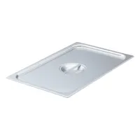 Rectangular cover for fourth-size steam table pans, constructed from 22-gauge material. NSF certified for food safety. Suitable for commercial foodservice environments to retain heat and protect contents. Not dishwasher safe