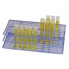 This steel test tube rack provides 40 compartments for organizing and storing test tubes on a benchtop. The blue finish offers corrosion resistance. Suitable for sample preparation and storage in laboratory environments.