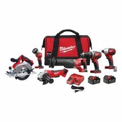 This 18V cordless tool combination kit includes six M18 tools: a circular saw, drill/driver, impact driver, reciprocating saw, work light, and grinder. It operates on the M18 battery platform and comes with batteries and a charger. Suitable for cutting, fastening, and grinding applications on job sites.