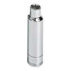 This 1/2" drive hand socket features a 10 mm metric size with a 12-point, deep profile for accessing recessed fasteners. The chrome finish provides corrosion resistance. Suitable for tightening or loosening metric fasteners in automotive, machinery, and industrial applications.