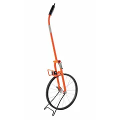 Mechanical measuring wheel with a 99,999 ft range, featuring a spoked single wheel with rubber tread and a steel frame. The adjustable handle and fold-down design allow compact storage. No batteries required. Suitable for outdoor distance measurement tasks such as surveying, construction, and utility work.