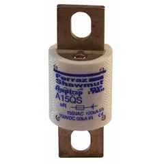 Fast-acting bolt-on fuse from the A15QS series, rated 600 A at 150 V AC and 150 V DC. Provides overcurrent protection for power electronic circuits such as drives, inverters, and rectifiers where rapid response is required to protect semiconductor components.