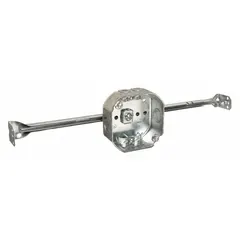 Steel octagonal ceiling electrical box for mounting and protecting wiring connections. 2-gang capacity with 1-1/2 in depth. Equipped with NMSC clamp for non-metallic sheathed cable. Suitable for use in dry locations.