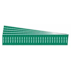 Self-adhesive pipe marker with green background and white legend reading 'Potable Water'. Fits pipe outer diameters of 3/4 inch and smaller. Each pack contains 28 markers without directional arrows. Used to identify potable water lines in piping systems.