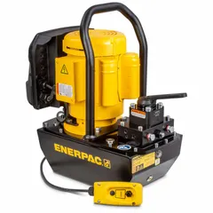 This stationary electric hydraulic pump unit delivers a maximum operating pressure of 10,000 psi and a maximum flow rate of 20 cu in/min. It is designed for high-flow hydraulic applications such as powering cylinders, presses, and tools in industrial settings.