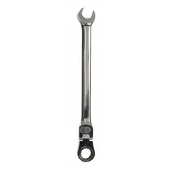 This SAE 12-point ratcheting combination wrench features a 15/16 in head size and a 14 in overall length. Constructed from alloy steel with a chrome finish, it is designed for tightening or loosening fasteners in applications such as automotive repair, machinery maintenance, and industrial assembly where clearance or speed is needed.