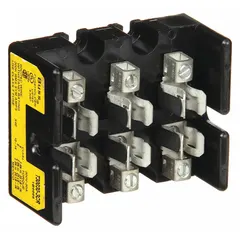 3-pole open block design fuse holder for UL Class T fuses, rated 300 V AC. Features box lug terminals and non-indicating operation. Used in industrial power distribution, panel boards, and control circuits for overcurrent protection.