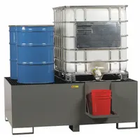 This IBC tote dispensing station provides a contained area for dispensing fluids from intermediate bulk containers. It features a 400-gallon spill capacity and an integrated drain for managing leaks. The gray unit is suitable for use in industrial fluid handling applications where secondary containment is required