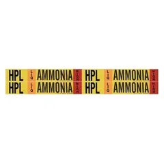 Ammonia adhesive pipe marker for liquid (LIQ) phase, high pressure level. Fits pipe outer diameter 3/4 to 2-3/8 in. Includes 4 markers without arrows. IIAR system abbreviation HPL. Used to identify ammonia piping in industrial refrigeration systems.