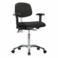 This cleanroom task chair is constructed with vinyl upholstery and an aluminum base, rated ESD-Safe and ISO 5. It features a 19-inch seat width, adjustable height from 21 1/2 to 29 inches, and includes arms. The chair offers back tilt forward 10.5°, back tilt backward 13.5°, seat tilt forward 8°, and seat tilt backward 3°