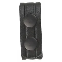 This belt keeper secures the loose end of a belt, keeping it flat and in place. Made of plain synthetic leather with a snap closure. Fits belts up to 1 in wide. Pack of 4. Suitable for workwear, uniforms, and tool belts.