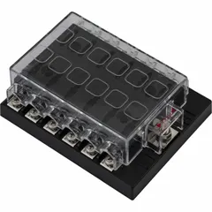 This open fuse block accommodates standard blade-style automotive fuses, organizing multiple circuits in a single unit for simplified troubleshooting and replacement. Suitable for use in vehicle and equipment electrical systems where blade fuses are employed.
