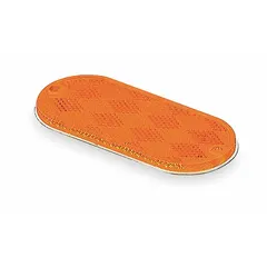 Amber oval stick-on reflector made of acrylic material. Overall length 4-3/8 in, width 1-7/8 in. Meets SAE A standards for retroreflective performance. Used for vehicle conspicuity and side marking on trailers, trucks, and heavy equipment.