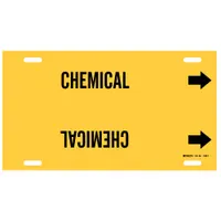 Yellow strap-on pipe marker with black legend reading 'Chemical' and directional arrows. Fits pipe outer diameters of 6 to 7-7/8 inches. Used to identify chemical piping systems and indicate flow direction in industrial facilities