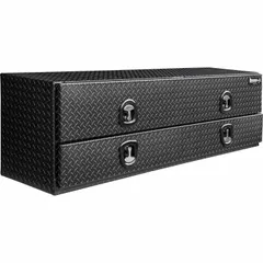 This topside box features a double lid with T-handle compression and a keyed lock for secure storage. Constructed of aluminum with a matte black finish, it is designed for mounting in pickup truck beds to organize and protect tools and equipment.