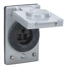 Single general-purpose receptacle with NEMA 5-15 configuration, rated 125V AC and 15 A. Gray weatherproof cover protects electrical connections in outdoor or damp industrial locations. Suitable for standard 5-15 plug connections.
