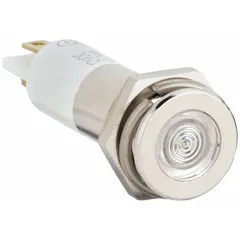 White LED pilot light with flush head and H10 profile for 10 mm panel mounting hole. Electrical connection via 0.11 male quick disconnect. Used as a visual status indicator in industrial control panels and machinery.