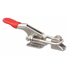 This horizontal U-latch toggle clamp features a manual latch release mechanism and includes a latch plate. The horizontal handle design allows for quick engagement and release. Suitable for workholding, fixturing, and assembly applications requiring secure clamping.