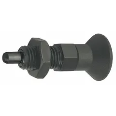 This nonlocking indexing plunger features an extended pin with a pull-knob for manual actuation and a jam nut for secure installation. It is made of steel with a 1/4"-28 thread and a nose force range of 4.5 N to 12 N. Typical applications include precise positioning and locking of machine components in jigs, fixtures, and assembly lines, such as tool changers, indexing tables, and adjustable stops.