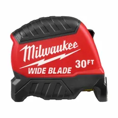 Standard inch tape measure with SAE markings and 1/16 in blade increments. Features a nonmagnetic single hook tip, manual lock, and tether-ready design. Red housing. Suitable for measuring distances in construction, carpentry, and industrial applications.