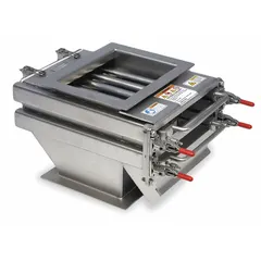 This rectangular grate magnet with housing features rare earth primary magnets and a stainless steel frame. It is used for magnetic separation in industrial material handling, removing ferrous contaminants from free-flowing powders, granules, and liquids. Overall length: 8 inches.