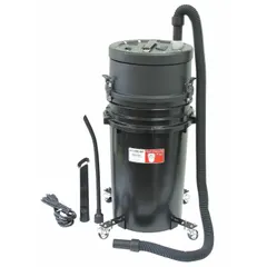 ESD-safe, HEPA-rated dry vacuum with a 7-gallon plastic tank, 99 cfm airflow, and 1-inch hose diameter. Meets CE standards. Suitable for collecting fine dust and debris in static-sensitive environments such as electronics manufacturing and cleanrooms.