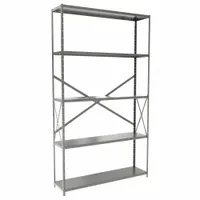 Steel frame and steel shelves. Five shelves. Overall height 84 in. Unassembled. Gray finish. For medium-duty storage in warehouses, stockrooms, and industrial facilities