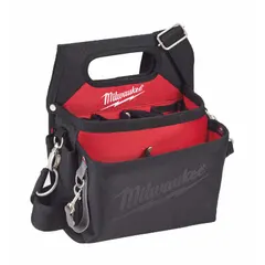 Polyester tool pouch with open-top design and 15 pockets for organizing hand tools. Fits belts up to 3 inches wide. Color is black with red accents. Suitable for carrying screwdrivers, pliers, and other tools on a belt in construction, maintenance, and industrial settings.