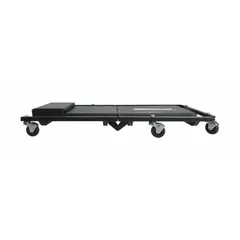 This adjustable creeper features a steel frame with a padded headrest and adjustable seat. It has a height range of 4-3/4 in and supports up to 250 lb. Suitable for use under vehicles or machinery during maintenance and repair tasks.