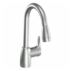 Metal single-post kitchen faucet with deck mount and three mounting holes. Lever handle for easy operation. Suitable for commercial or institutional kitchens requiring a durable faucet for food preparation and dishwashing areas.