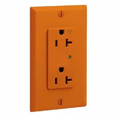 This duplex general purpose receptacle is rated 20A at 125V AC with a 5-20 configuration, 2-pole, 3-wire design. The orange body indicates isolated-ground construction, used to reduce electrical noise for sensitive equipment in commercial and industrial power distribution.