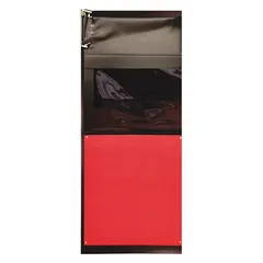 This red, textured PVC swinging door has one leaf measuring 3 ft wide by 7 ft high. It includes a PVC window, door seals, bumpers, and mounting hardware. Complies with USDA standards. Suitable for separating work zones in industrial facilities.