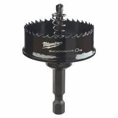 Bi-metal hole saw with attached arbor, 1-1/2 in diameter, 8 teeth per inch, and 1/8 in maximum cutting depth. Suitable for cutting holes in wood, metal, and plastic in general industrial, electrical, and plumbing applications.