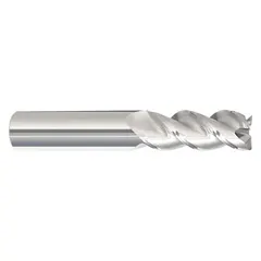 Solid carbide corner-radius end mill with 3 flutes, 7/16" mill diameter, 1-1/4" length of cut, and 0.015" corner radius. Designed for machining aluminum and non-ferrous materials, the geometry promotes chip evacuation and reduces edge chipping. Used in milling operations requiring smooth finishes and precise radii.