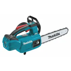 Top-handle battery-powered chainsaw with a 10-inch bar length and adjustable/automatic chain oiler. Operates on 18 V with a 22 cc equivalent rating. Suitable for pruning, limbing, and light tree care tasks.