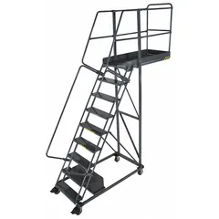 This unsupported cantilever ladder from BALLYMORE provides a 7.5 ft platform height for accessing elevated work areas. Constructed of steel with a gray finish, it includes double handrails and locking casters for stability. Supplied unassembled, it is suitable for use in warehouses, factories, and maintenance facilities.